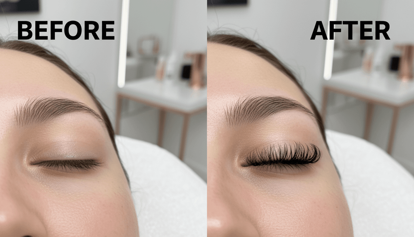 Side-by-side comparison showing straighter lashes before and lifted lashes after