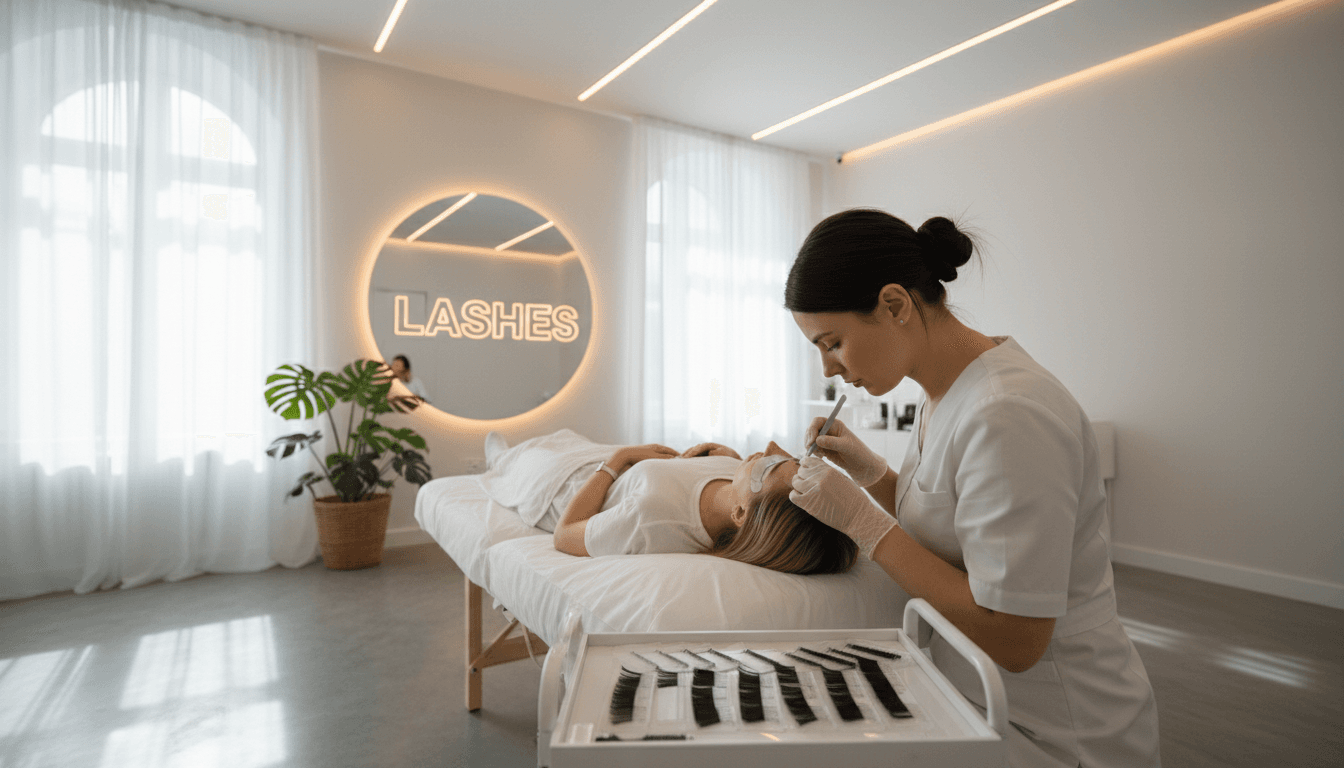 Beauty technician carefully applying eyelash extensions to a client in a professional studio setting