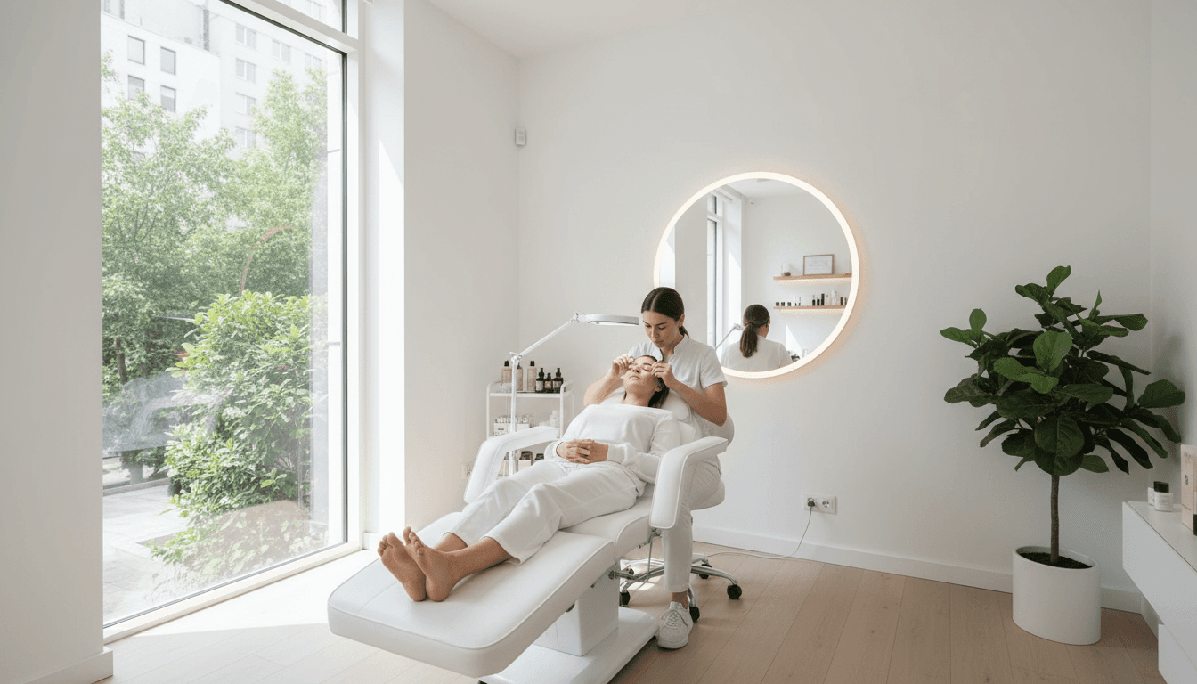 A client receiving eyelash extensions in a bright modern London beauty studio