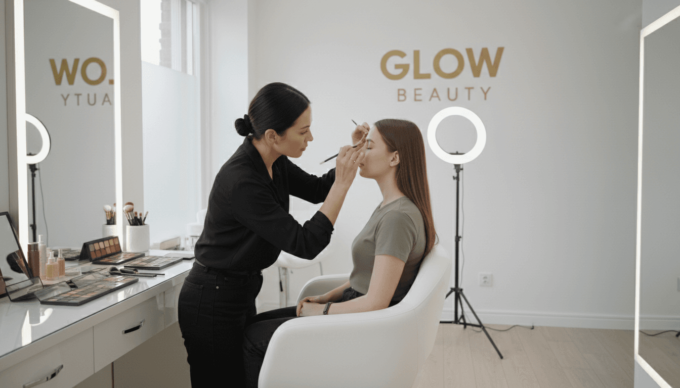 Beauty professional shaping eyebrows in a modern London studio