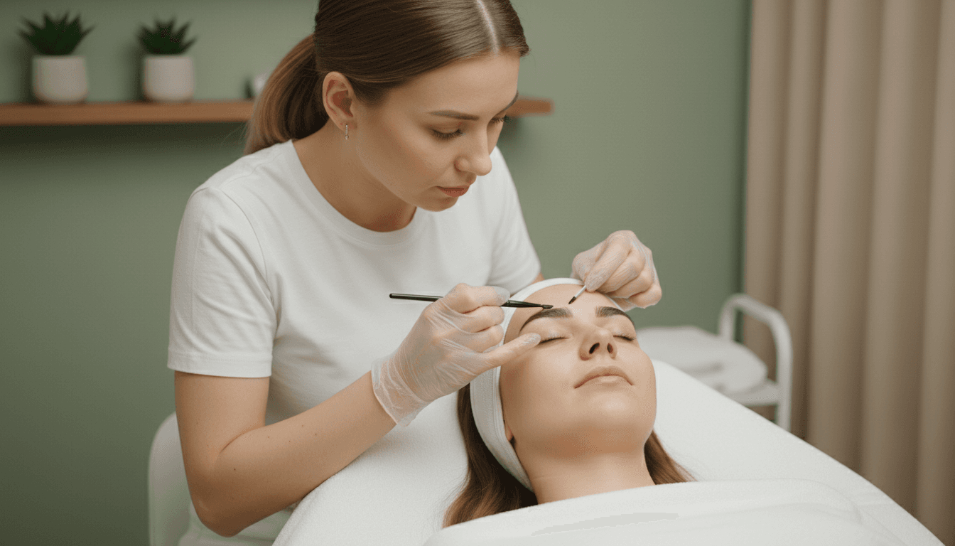 Brow tint being applied with a fine brush in a London brow studio