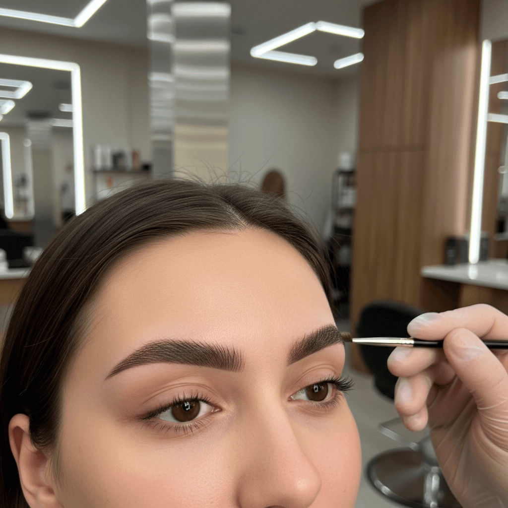Expertly shaped and defined eyebrows on client in professional setting