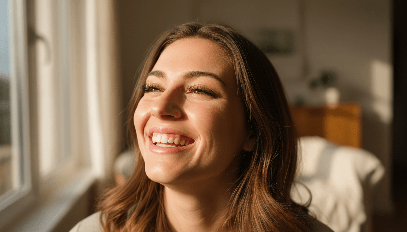 Smiling person with hybrid lash extensions looking natural