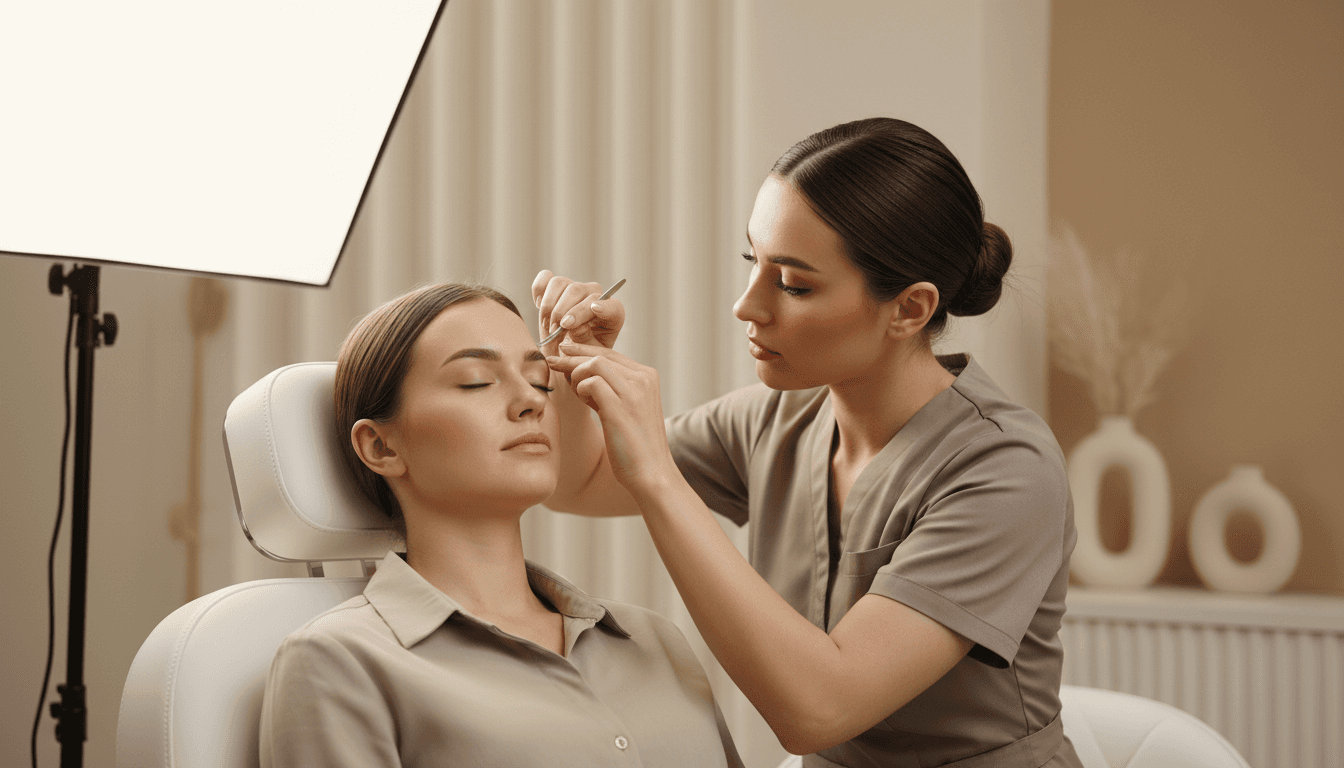 Brow specialist shaping a client's arch in a London studio