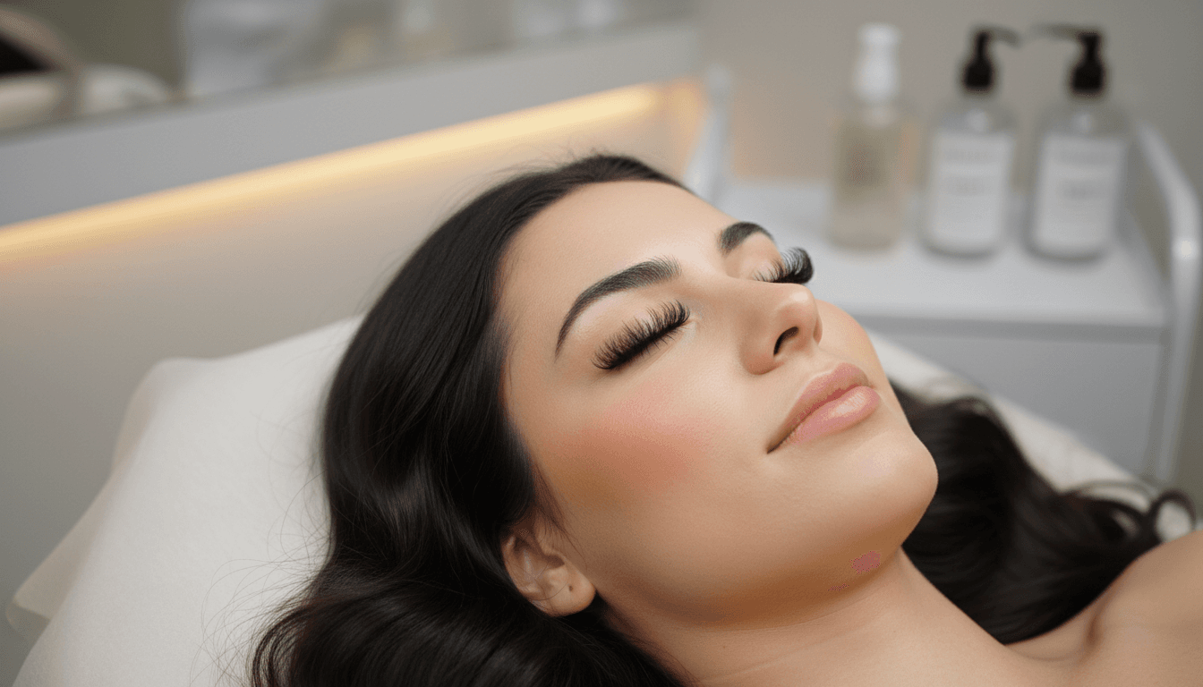 Client with freshly applied classic eyelash extensions, eyes closed during treatment