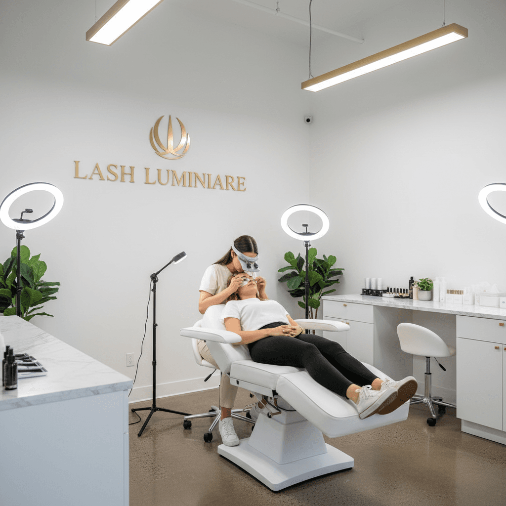 Client relaxing during lash extension application in professional London beauty studio