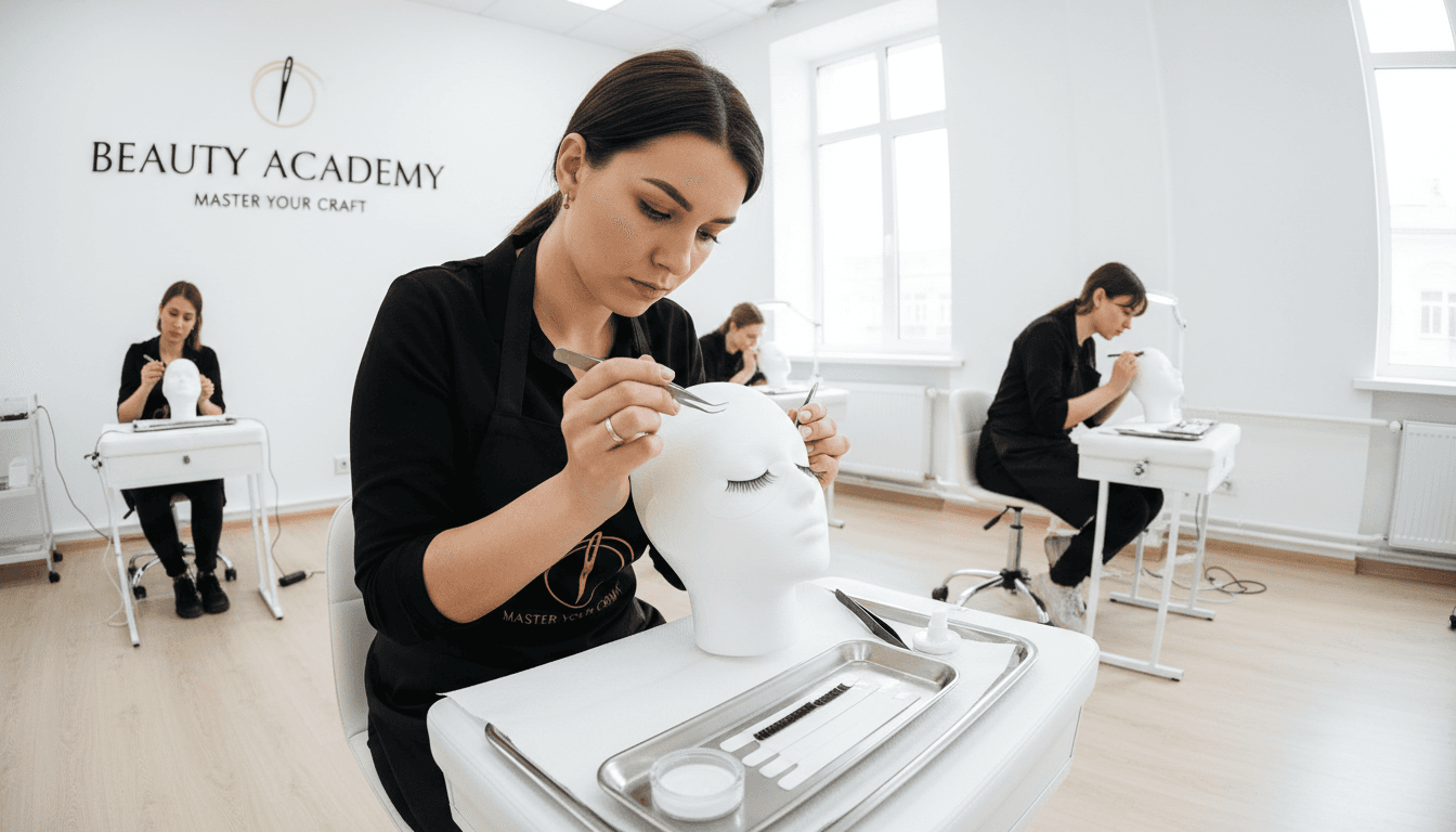 Student practicing lash extensions on a mannequin head in a training studio