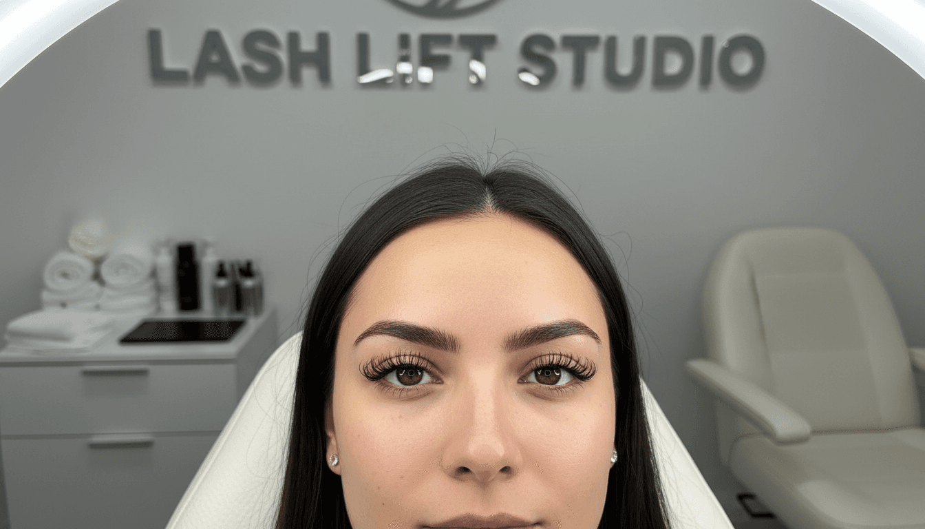 Close-up of a client's lashes curled upward from the root after a lash lift