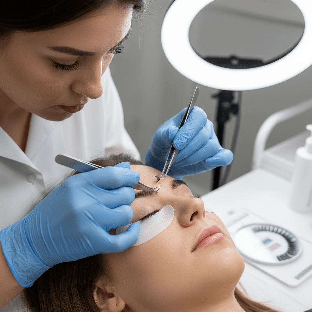 Lash technician carefully applying eyelash extensions in bright professional studio