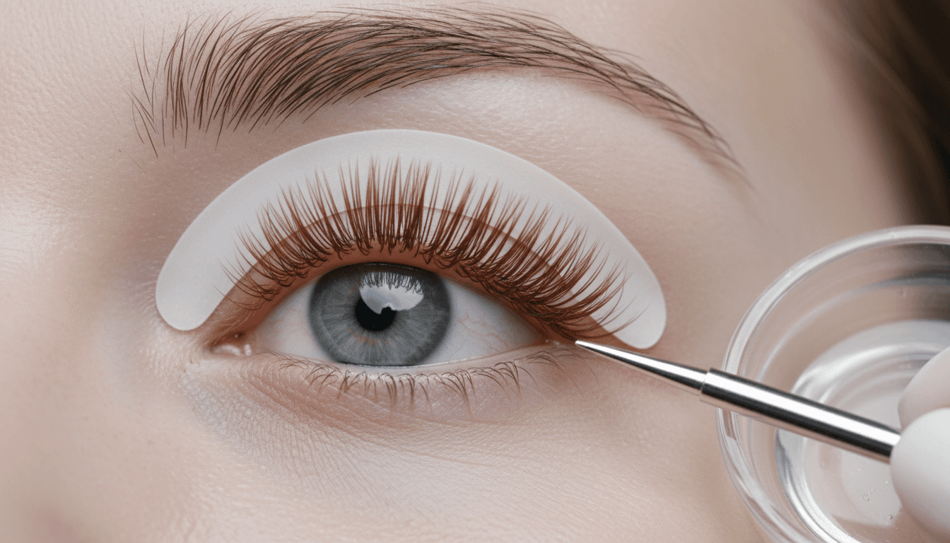 Lash lift procedure close up on natural lashes on rod