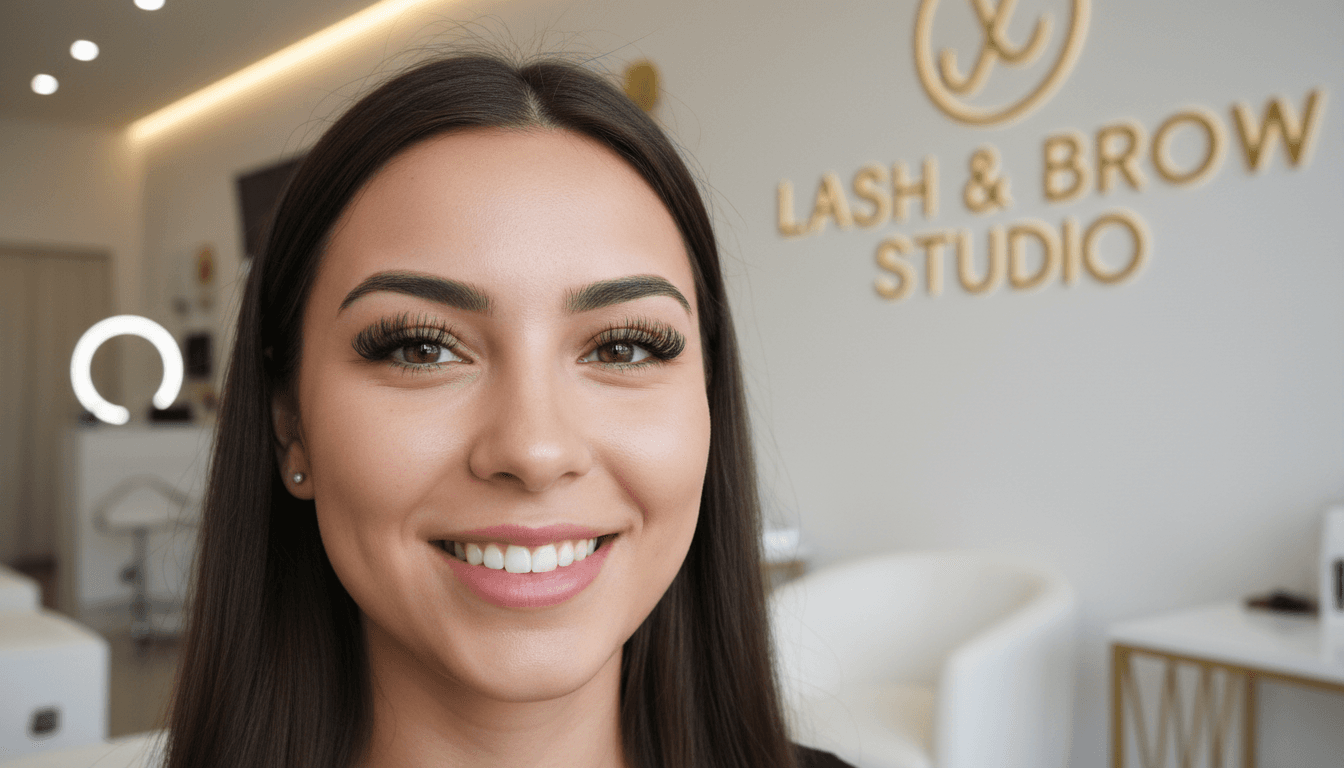 Smiling person with hybrid lash extensions looking natural