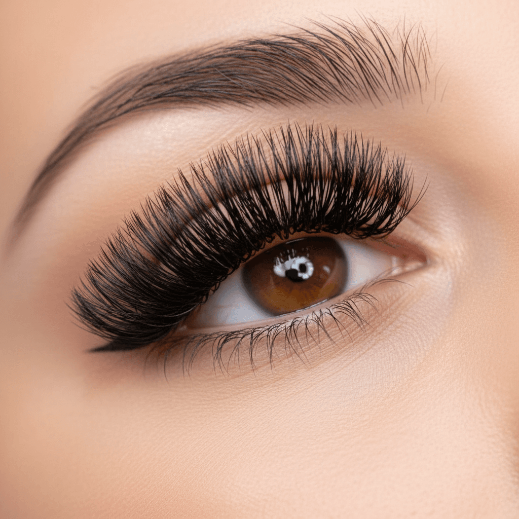 Lash extensions close-up showing perfect curl and fullness
