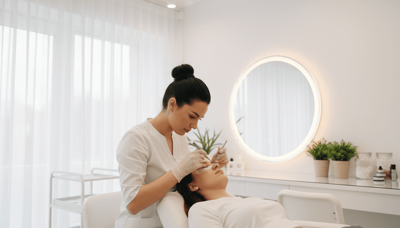Natalia applying individual lash extensions with precision in the studio