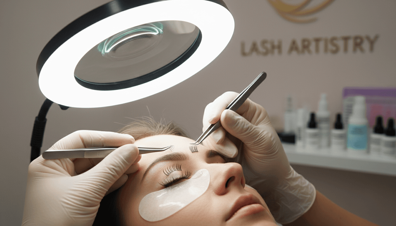 Lash artist applying eyelash extensions to a client in a professional studio
