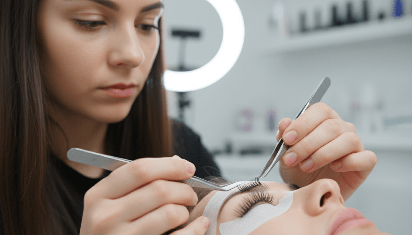 Close-up of a lash artist applying extensions with tweezers