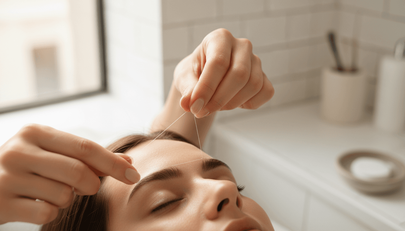 Close-up of threading technique on a client's brow