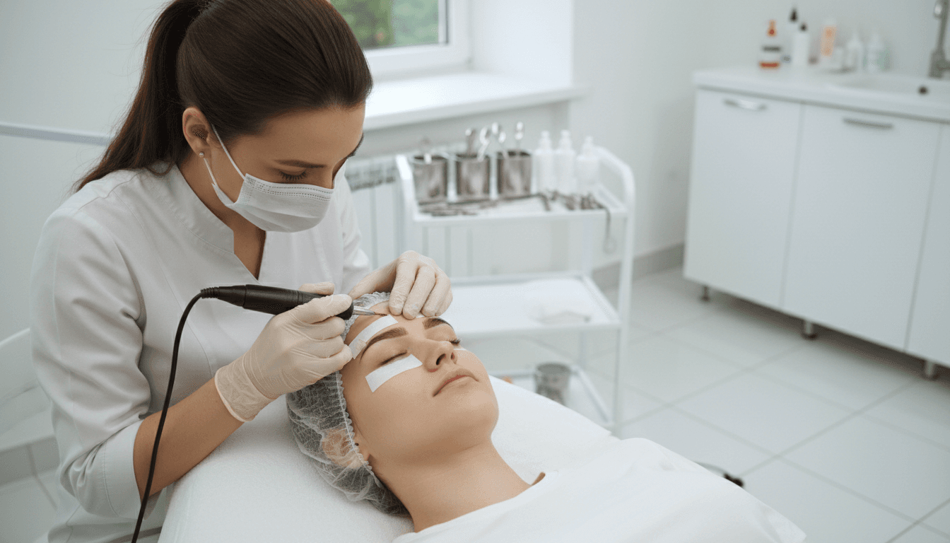 Permanent makeup artist carefully shaping a client's brow