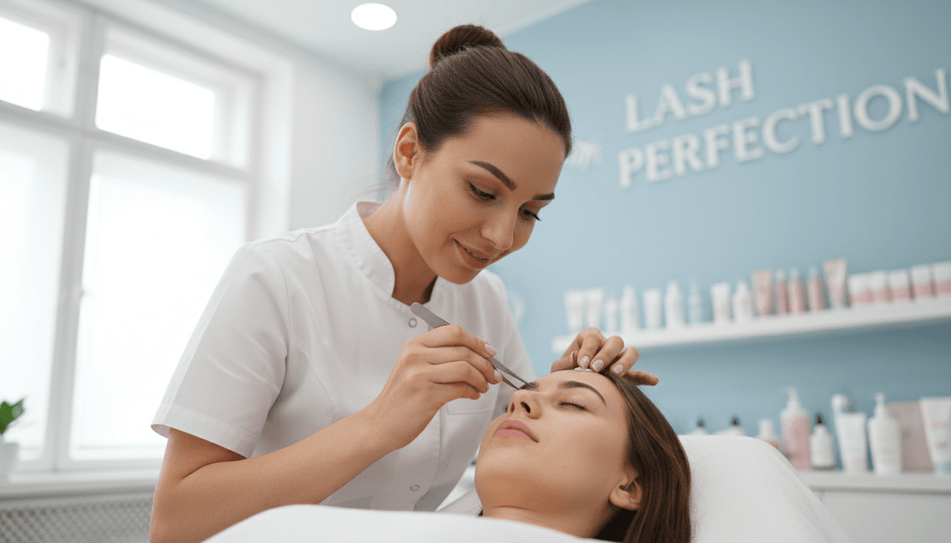 Natalia checking the final lift on a client's lashes with a fine tool