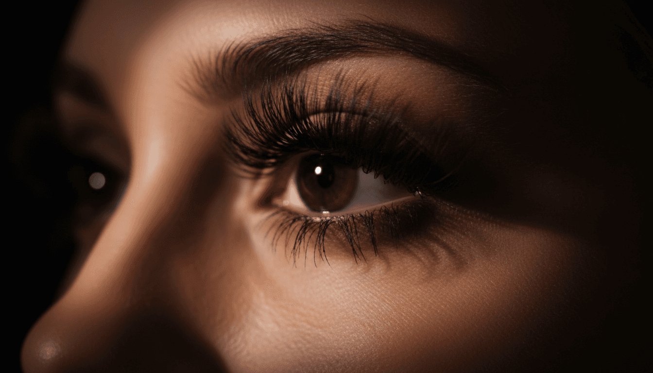 Volume lash extensions on open eye with dramatic look