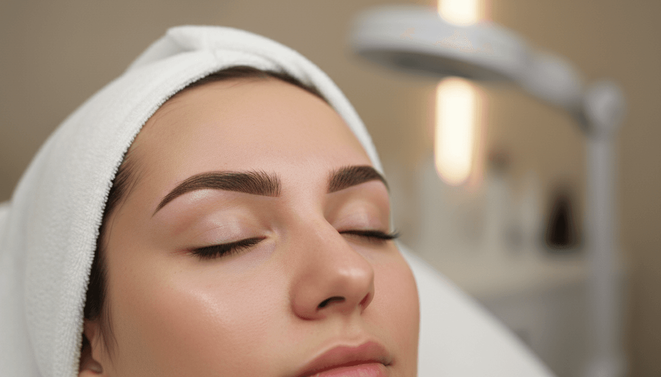 Woman with microbladed eyebrows resting in a studio chair
