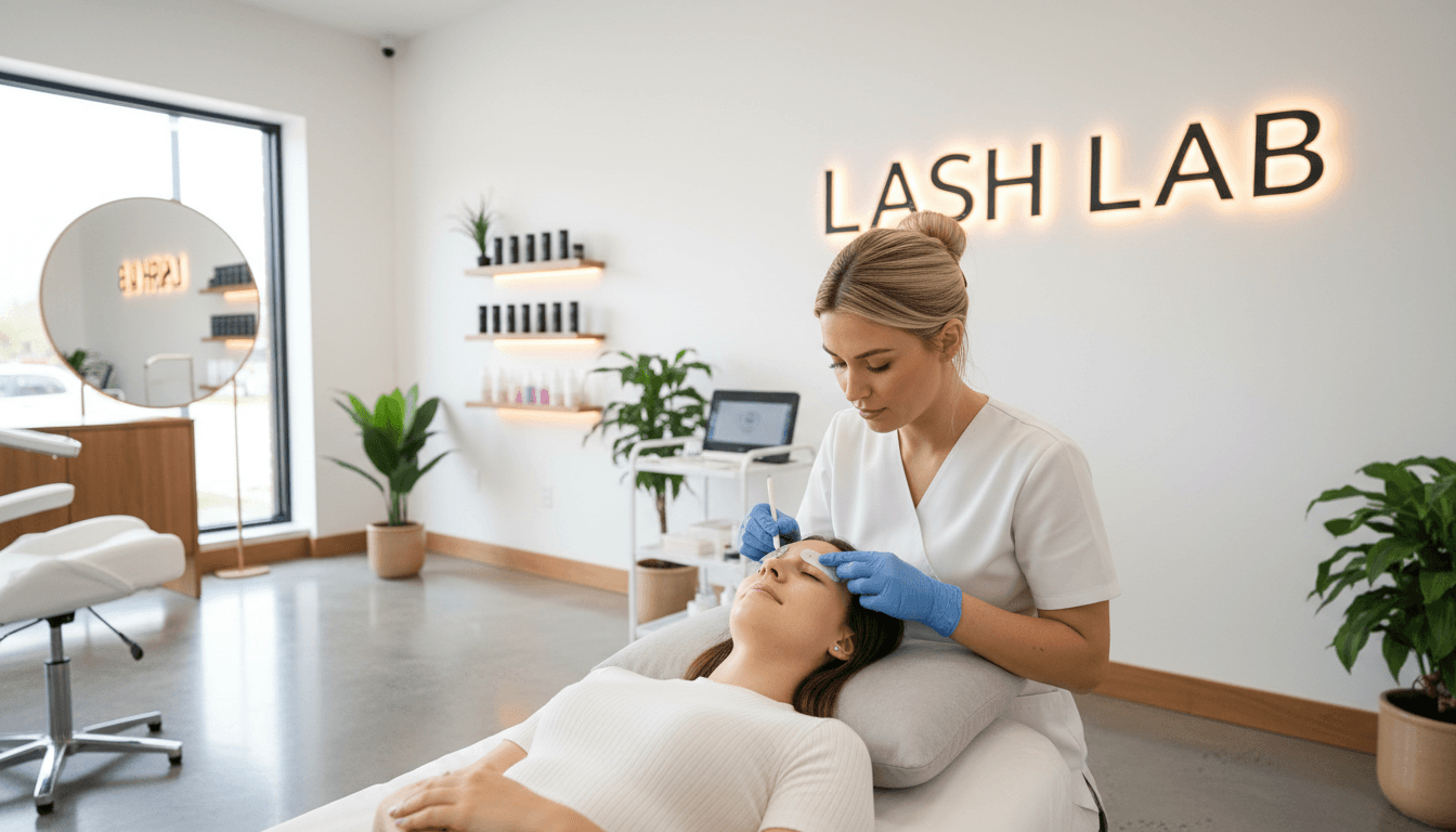 Natalia applying a lash lift treatment to a relaxed client in the studio