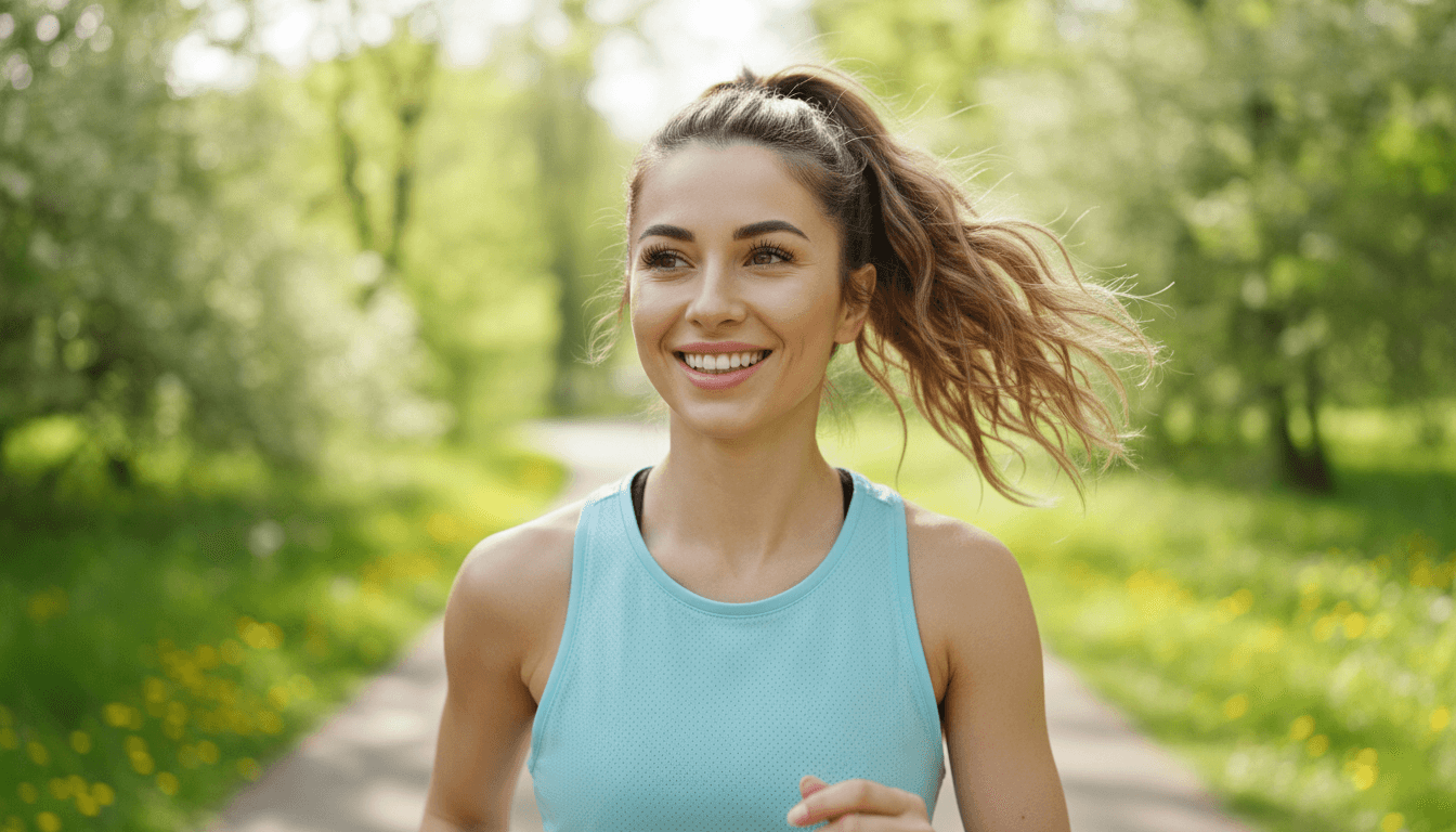 Active woman with natural lifted lashes smiling outdoors in warm sunlight