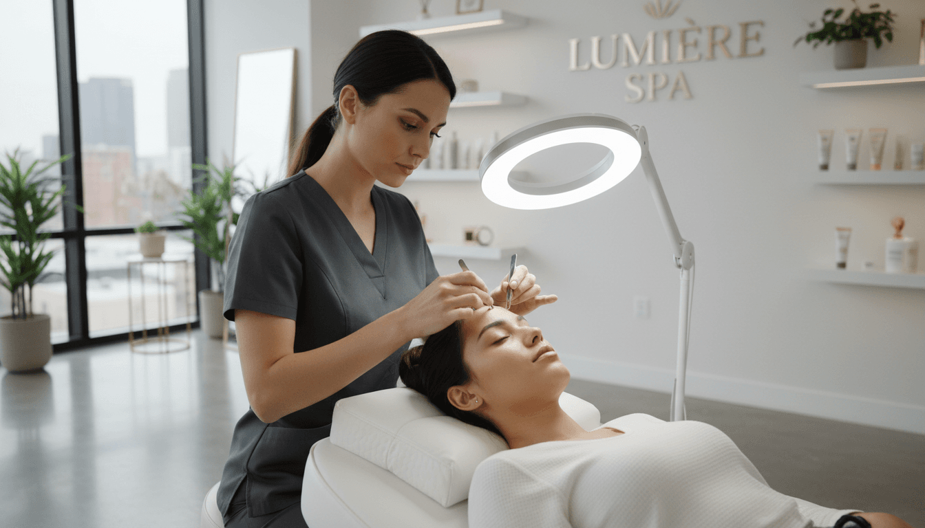 Beauty specialist shaping eyebrows in a modern salon