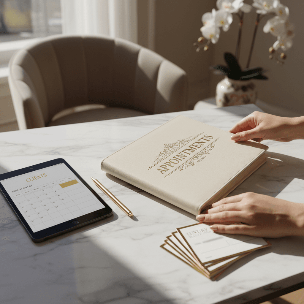 Beauty professional's hands organizing appointments on elegant marble desk with tablet and premium scheduling materials
