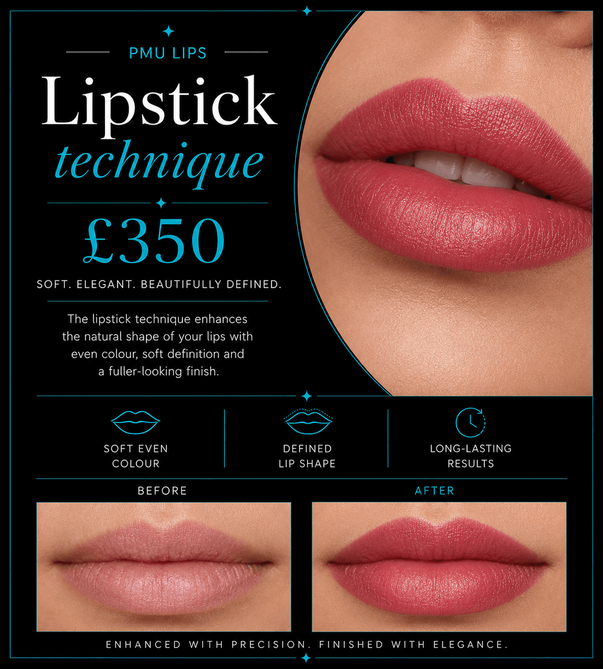 Advertisement for £350 PMU lipstick technique showing before and after results of soft, defined lips.