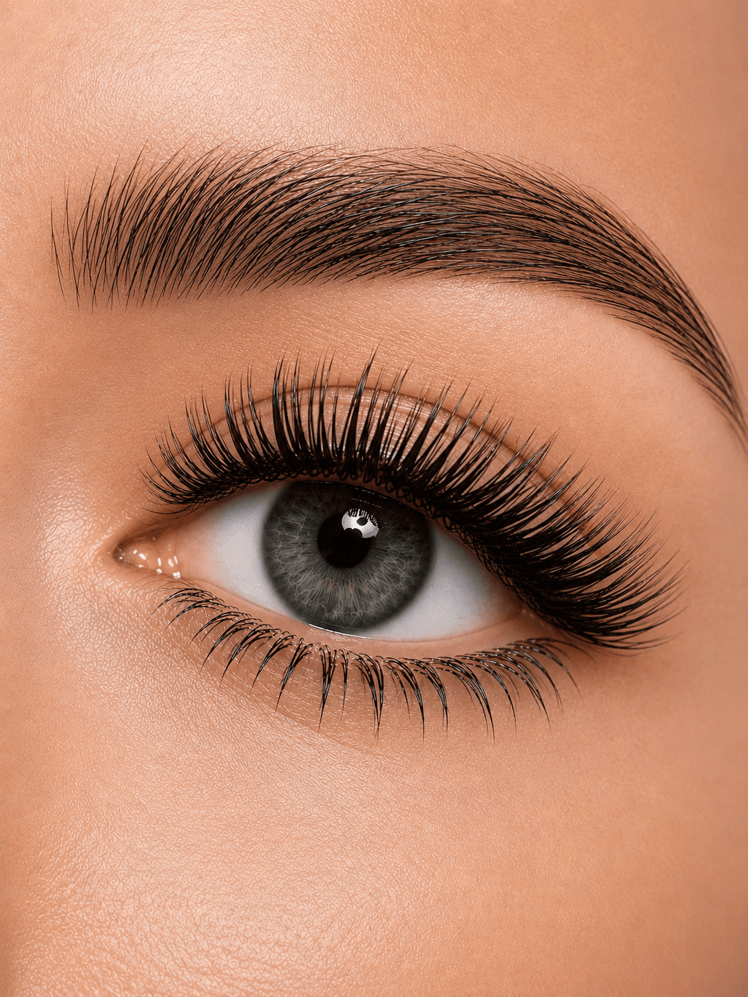 Close-up of a blue eye with long black lashes and a perfectly groomed dark eyebrow.