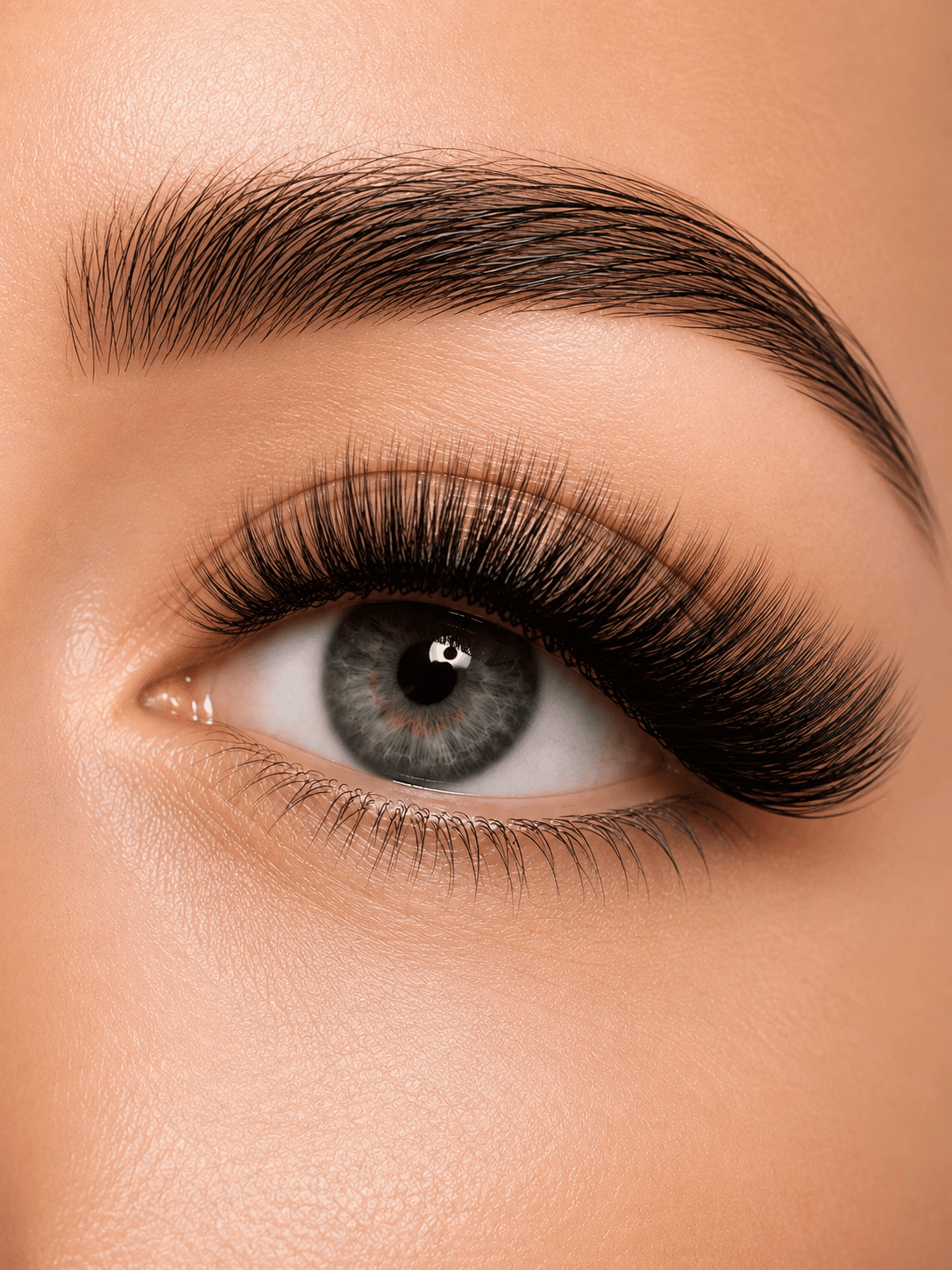 Macro shot of a blue eye with voluminous black lash extensions and a groomed eyebrow.