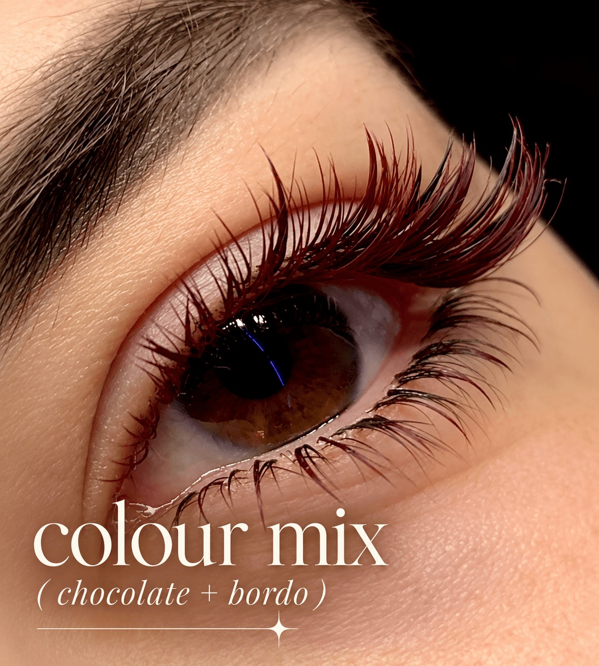 Close-up of a brown eye with long, voluminous chocolate and burgundy eyelash extensions.