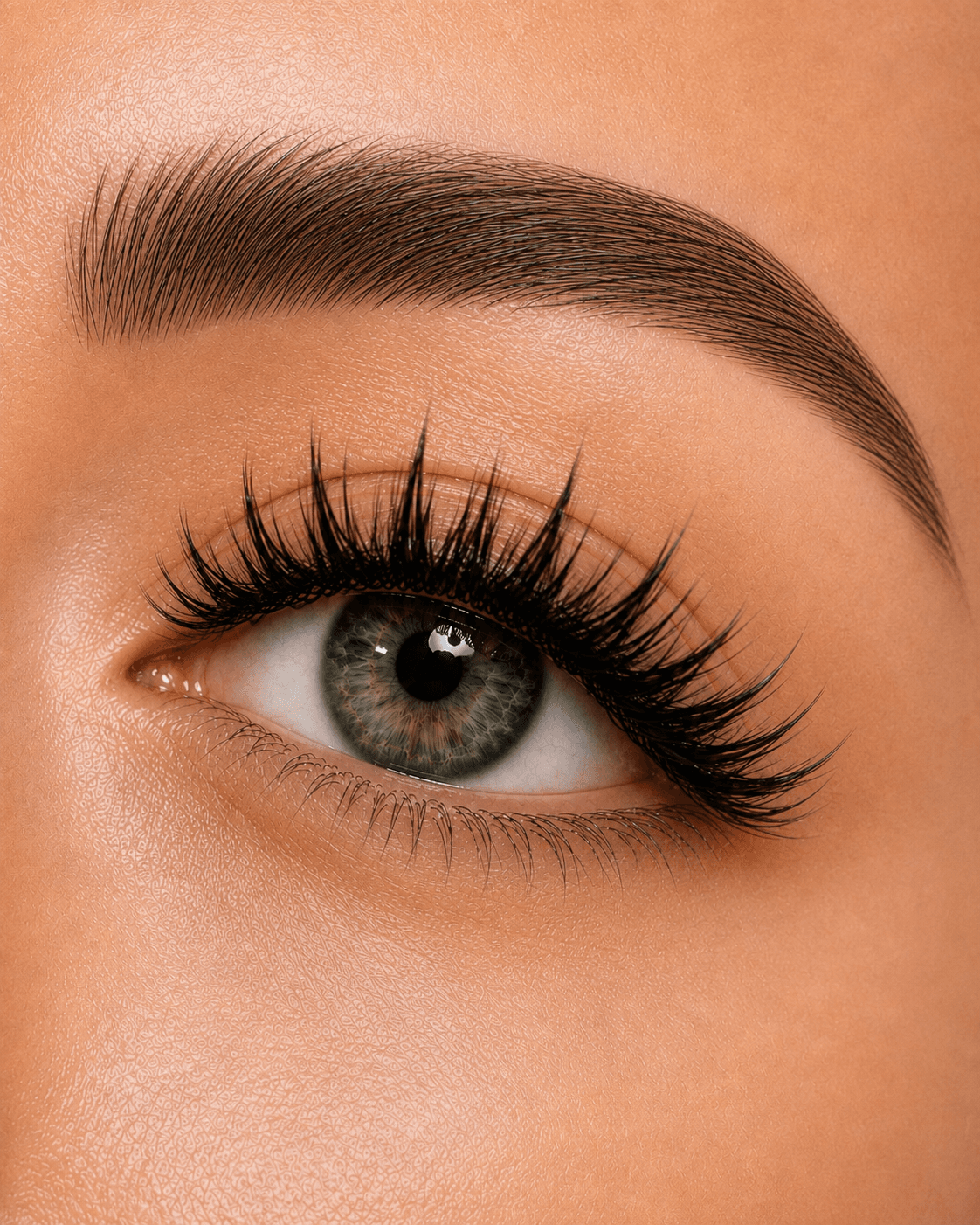 Detailed view of a green eye with long black lashes and a perfectly groomed eyebrow.