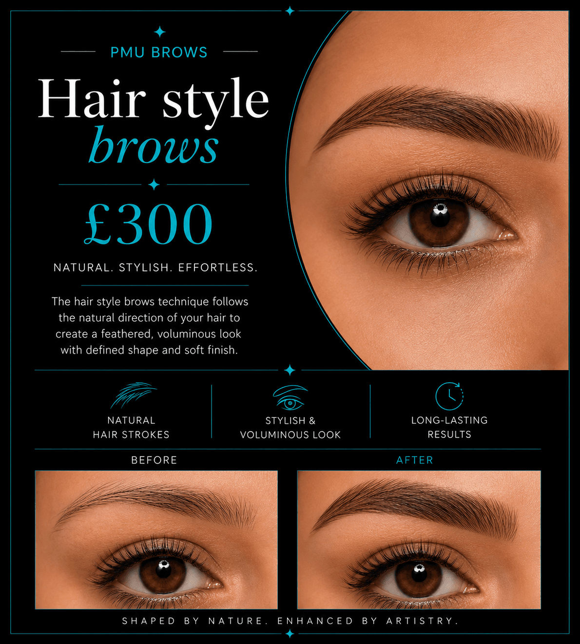 PMU brows advertisement showing before and after results of natural, voluminous feathered eyebrow strokes.