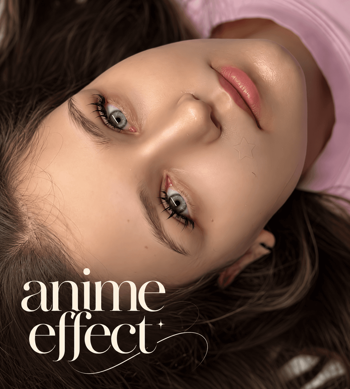 Close-up of a girl's face with large eyes, star sticker, and stylized 'anime effect' text.