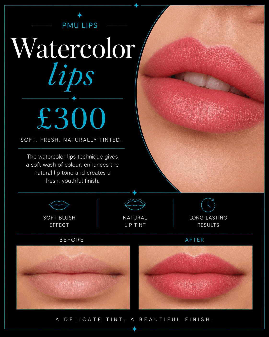 Watercolor lips permanent makeup advertisement featuring before and after photos of soft pink lips.