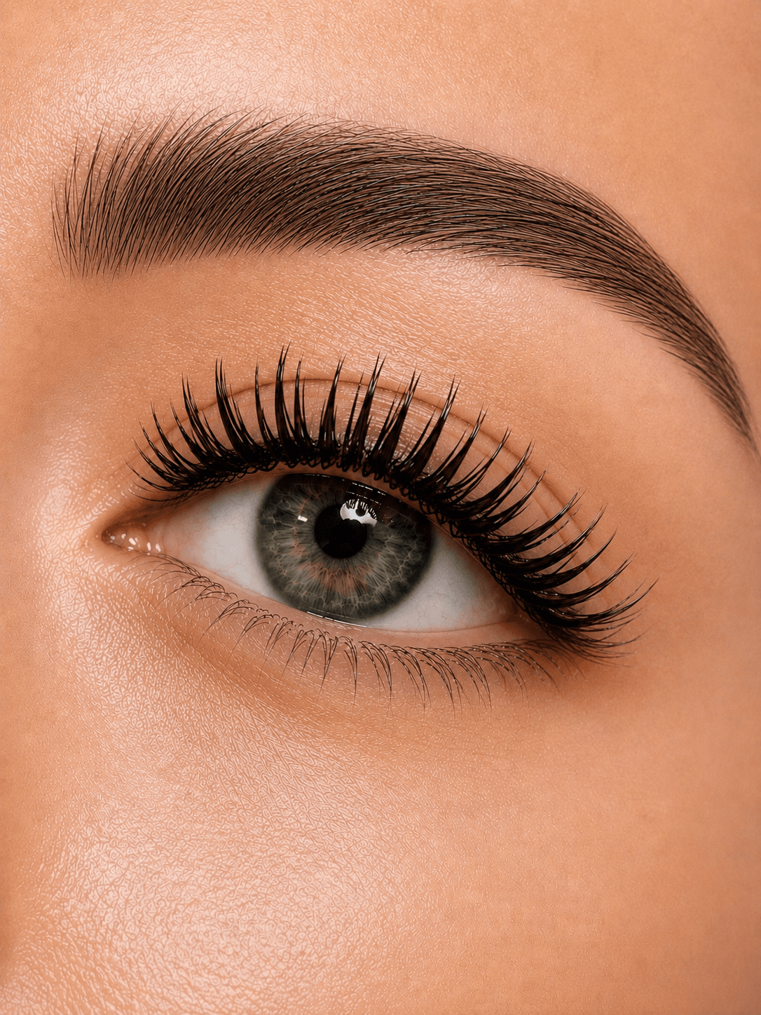 Close-up of a green eye with long black lashes and a perfectly groomed dark eyebrow.