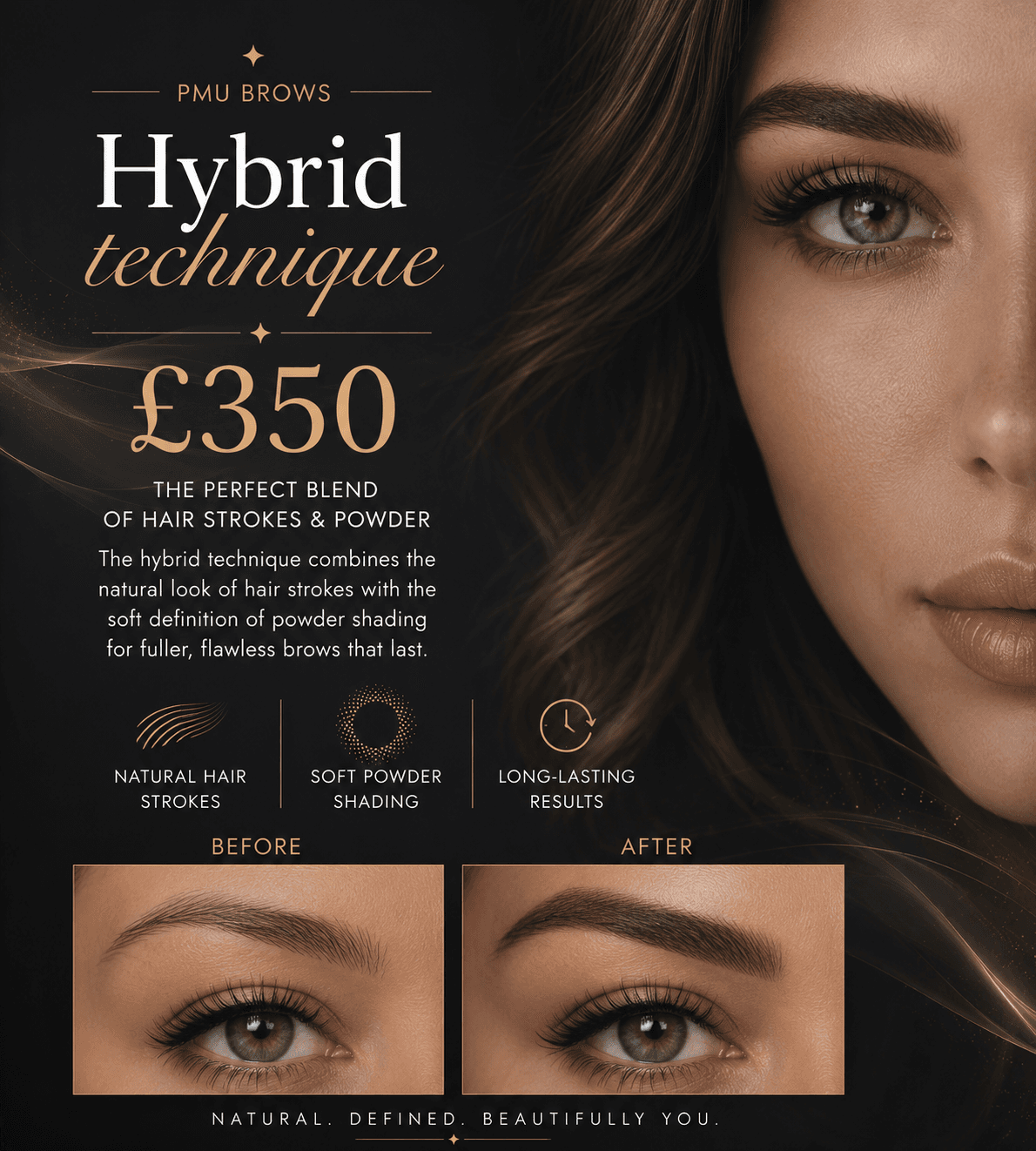 Advertisement for £350 hybrid PMU brows featuring before and after photos of natural, defined eyebrows.