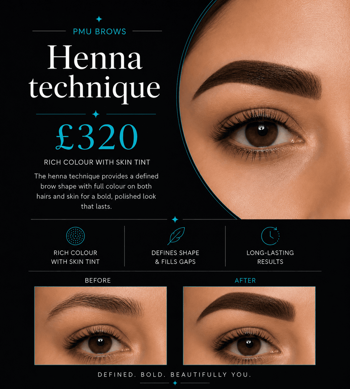 Promotional graphic for £320 henna brow technique featuring before and after photos of defined eyebrows.