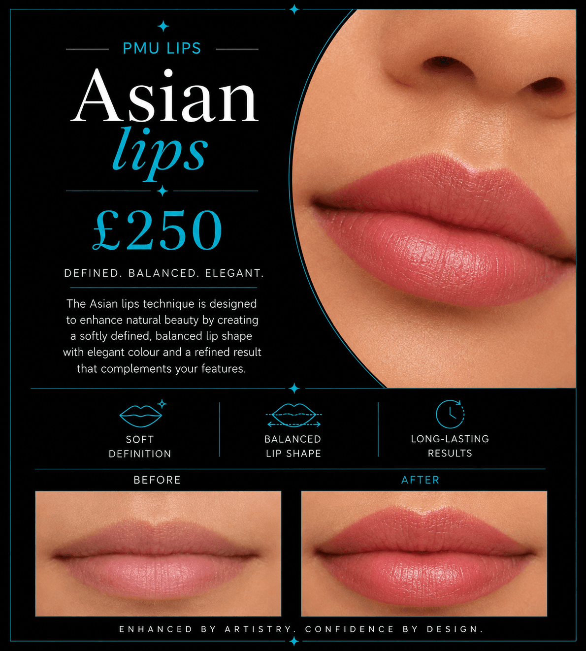 Advertisement for £250 Asian lips PMU featuring before and after photos of softly defined lips.