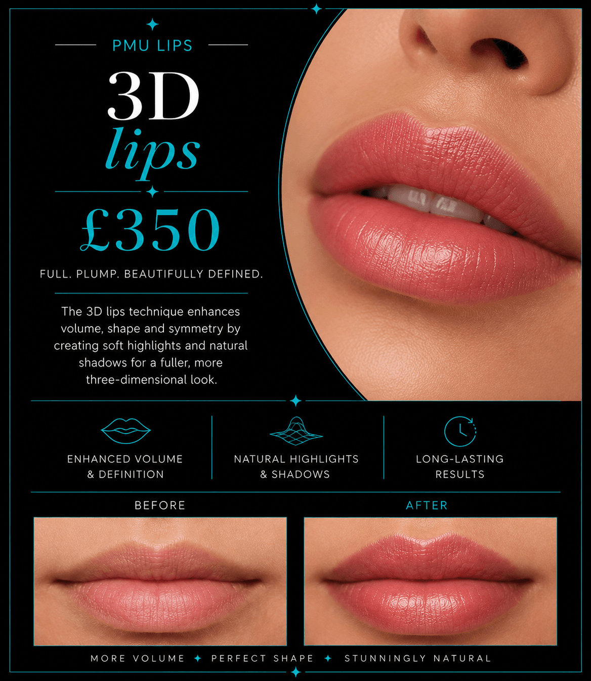 Promotional graphic for £350 3D PMU lips featuring before and after volume enhancement comparison photos.