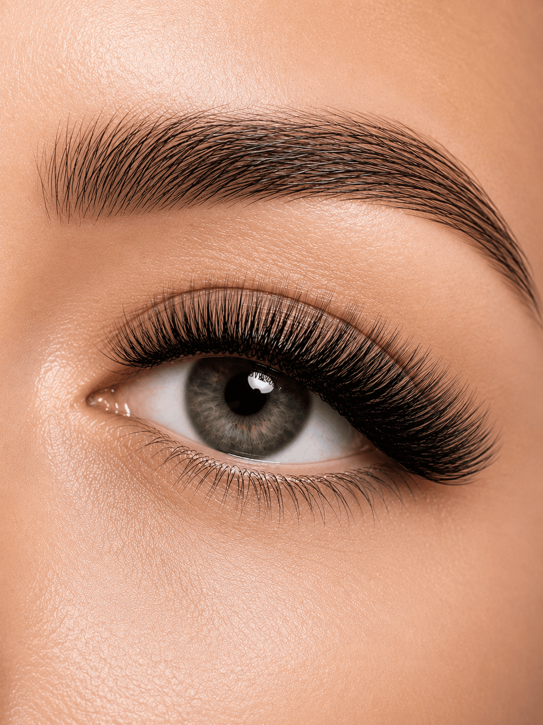 Close-up of a green eye with long, voluminous black eyelash extensions and a groomed eyebrow.