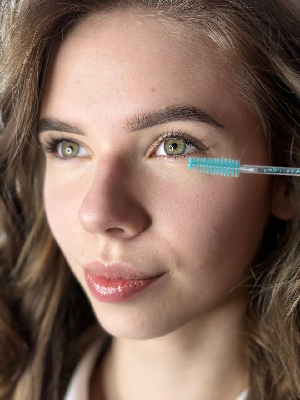 Woman with green eyes having a blue spoolie brush applied to her lower eyelashes.