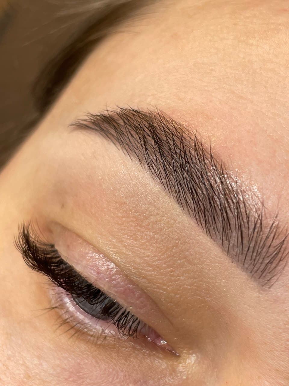 Close-up of a perfectly shaped dark eyebrow and long, voluminous black eyelash extensions.